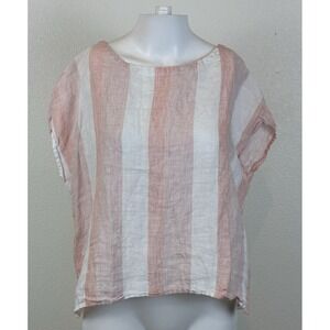 Lagenlook Button Back Linen Coastal Top SZ XS Pink Striped Beach C&C California